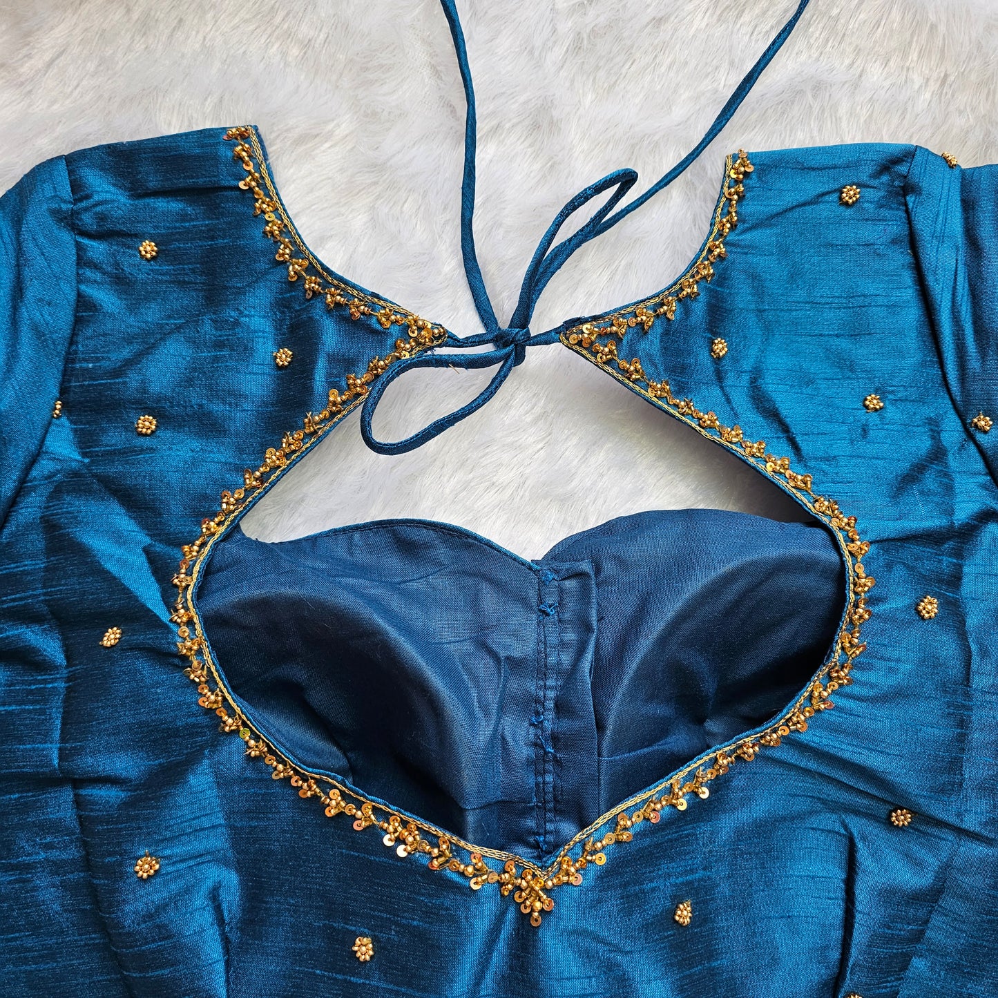 Teal Blue Raw Silk Handwork Blouse