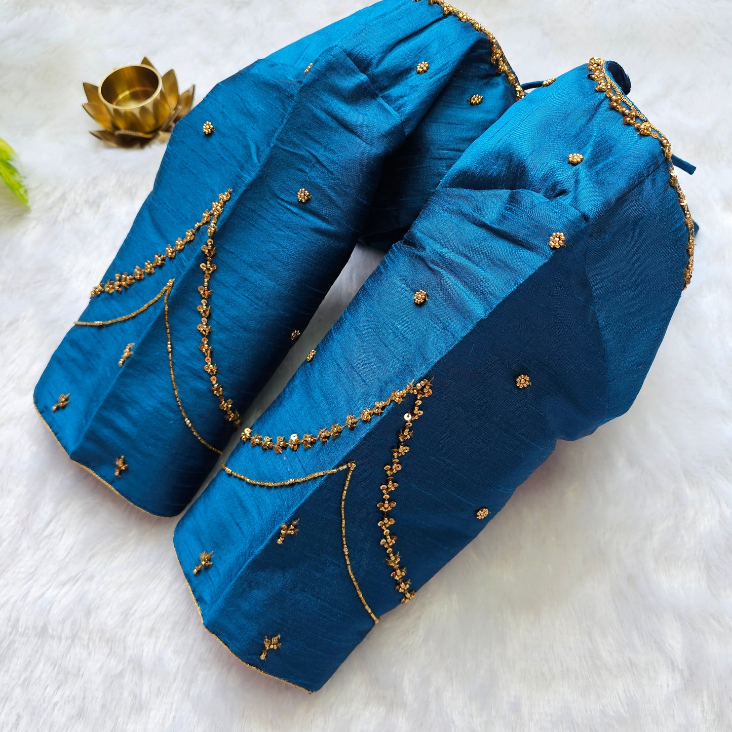 Teal Blue Raw Silk Handwork Blouse