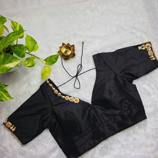 Black Raw Silk Pearl Jewellery blouse