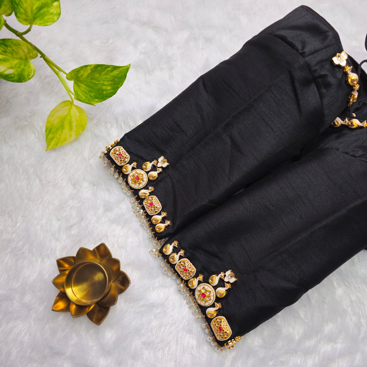 Black Raw Silk Pearl Jewellery blouse