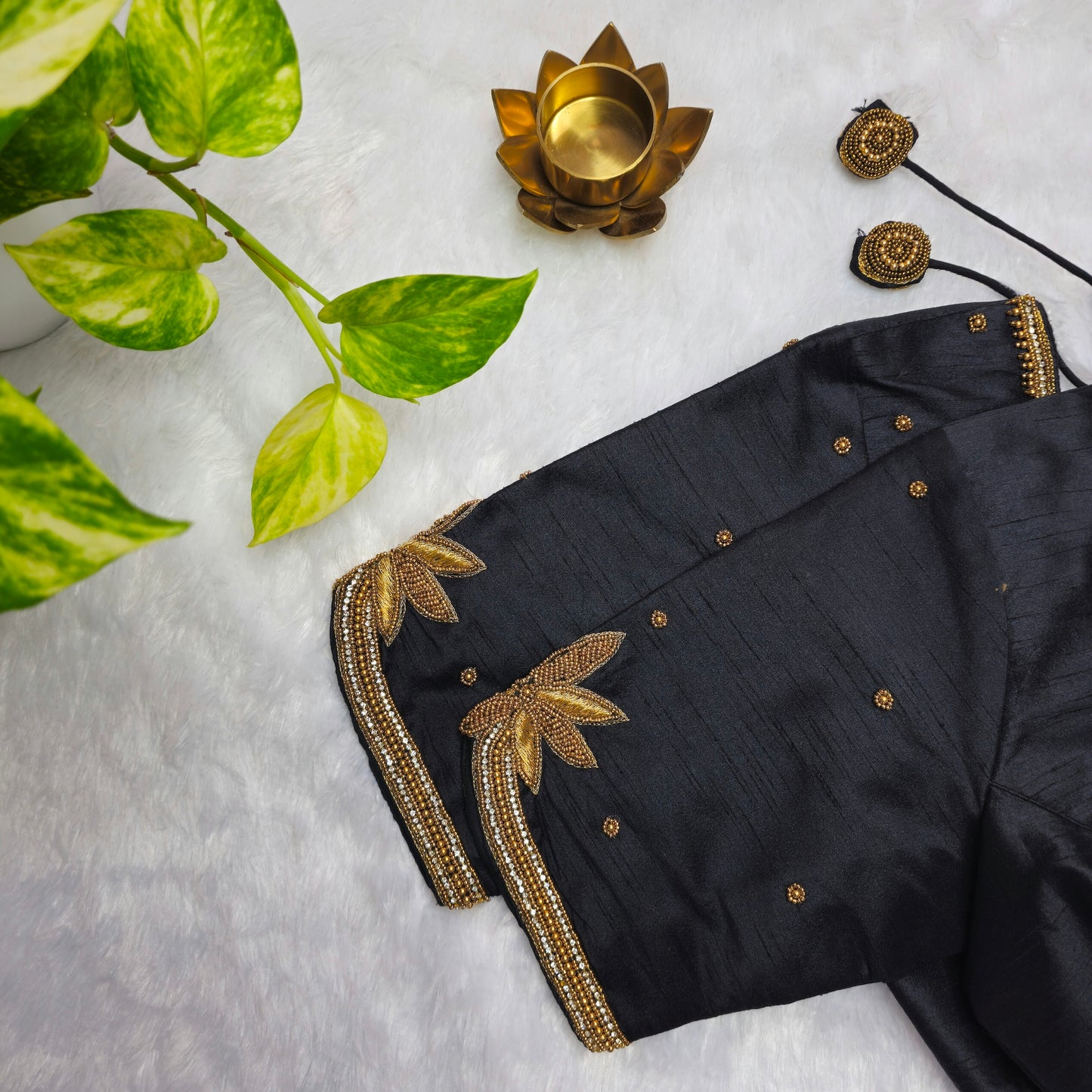 Black Raw Silk Arm Cuff Handwork Blouse