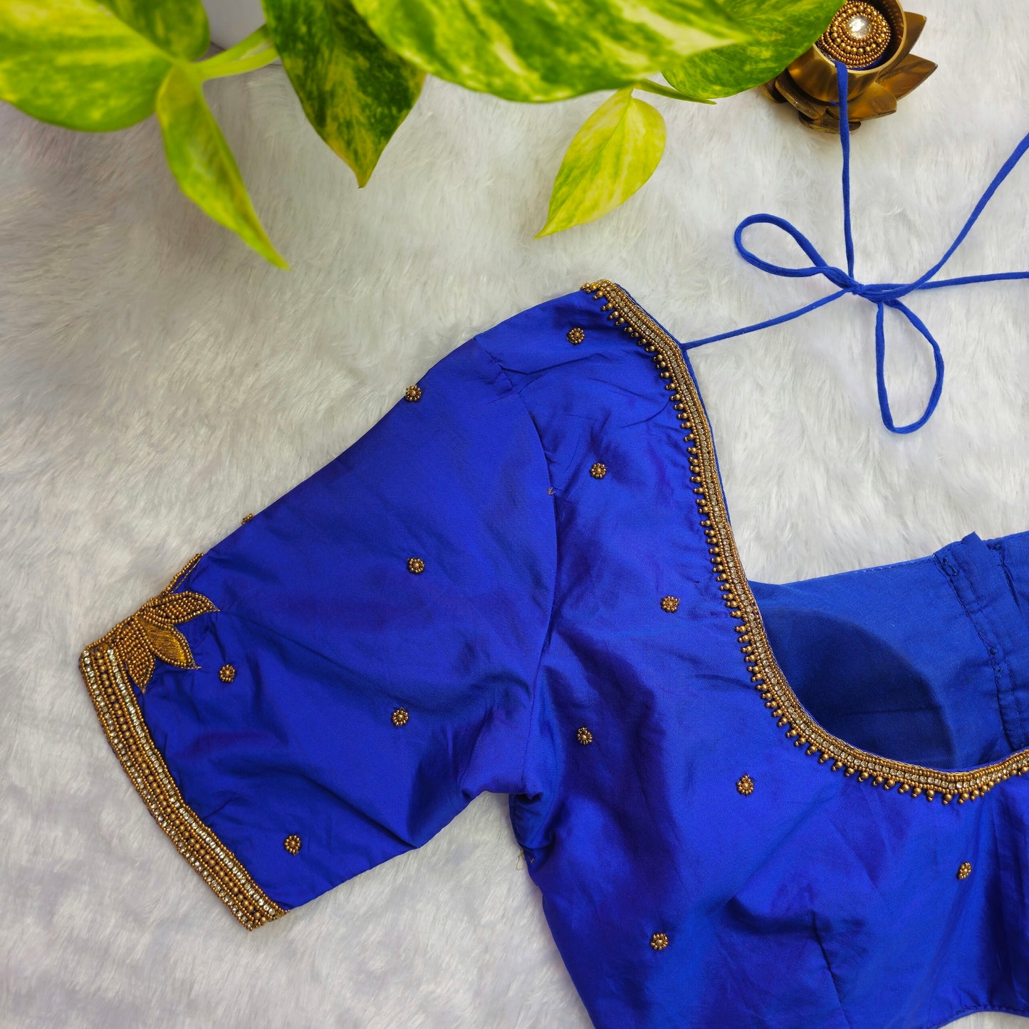 Blue Butter Silk Arm Cuff Handwork Blouse