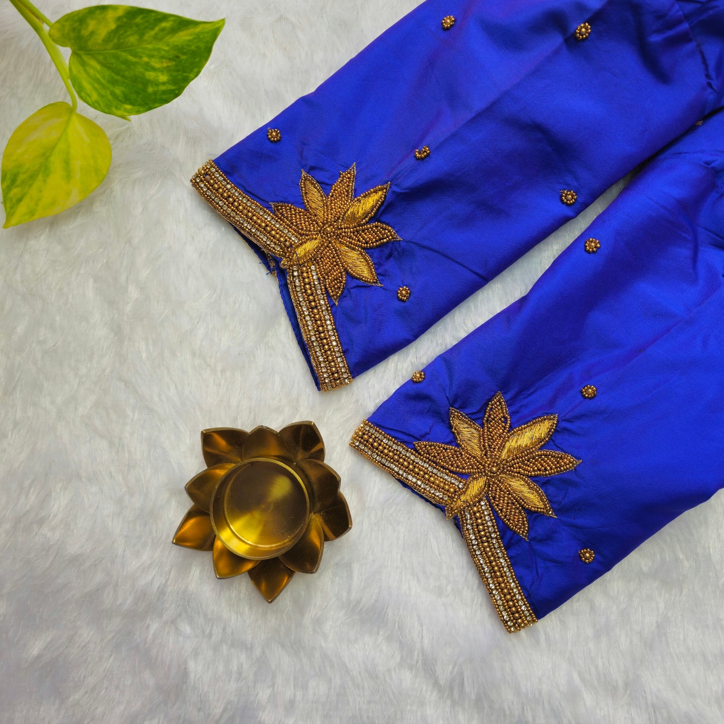 Blue Butter Silk Arm Cuff Handwork Blouse