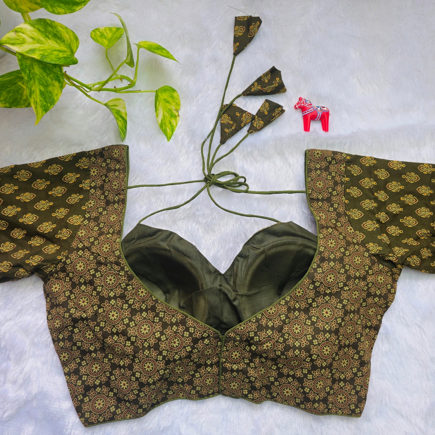 Mehendi Green Ajrakh Masaba Cut Blouse - Type 2