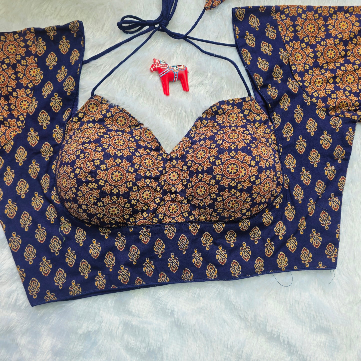 Dark Blue Ajrakh Masaba Cut Blouse - Type 1