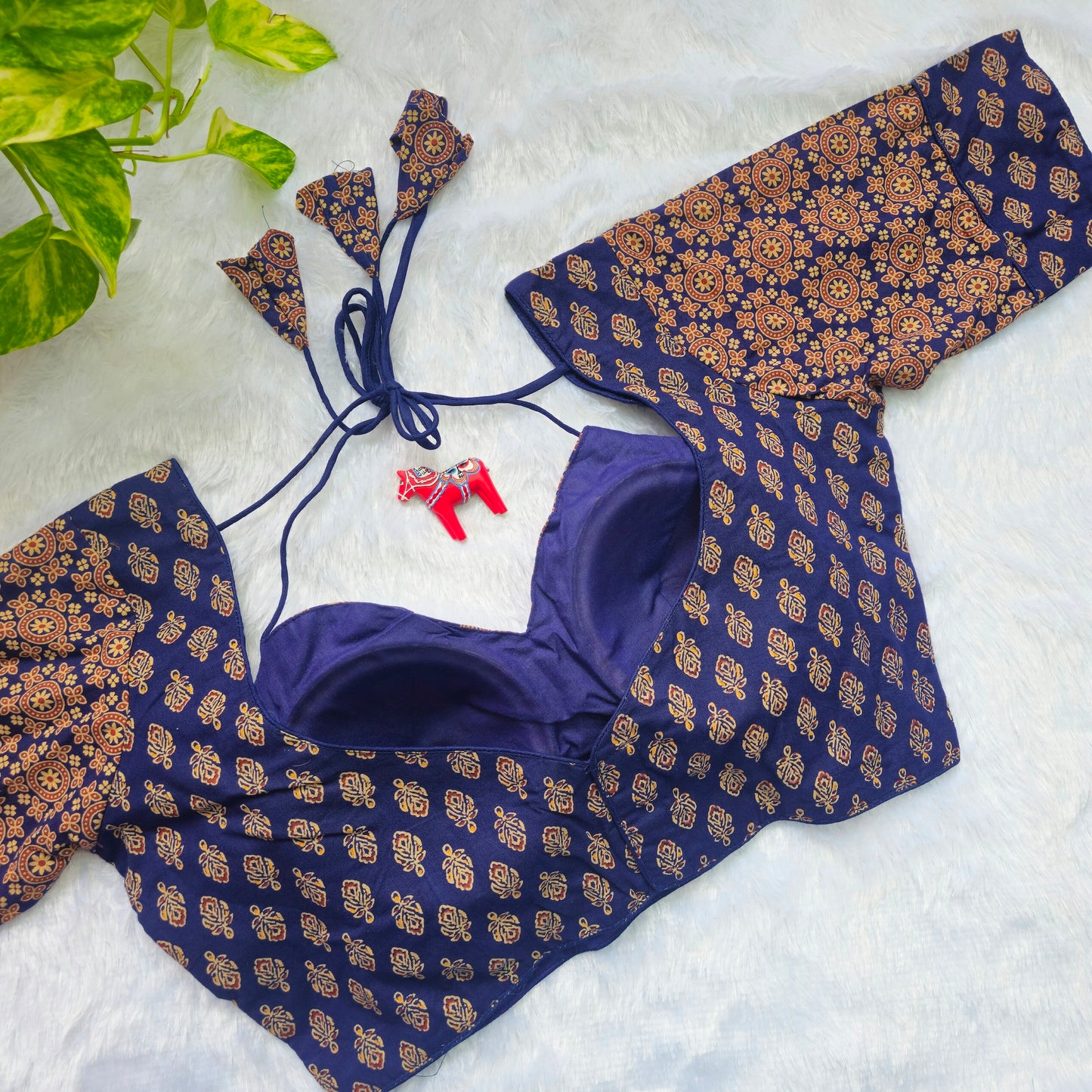 Dark Blue Ajrakh Masaba Cut Blouse - Type 1