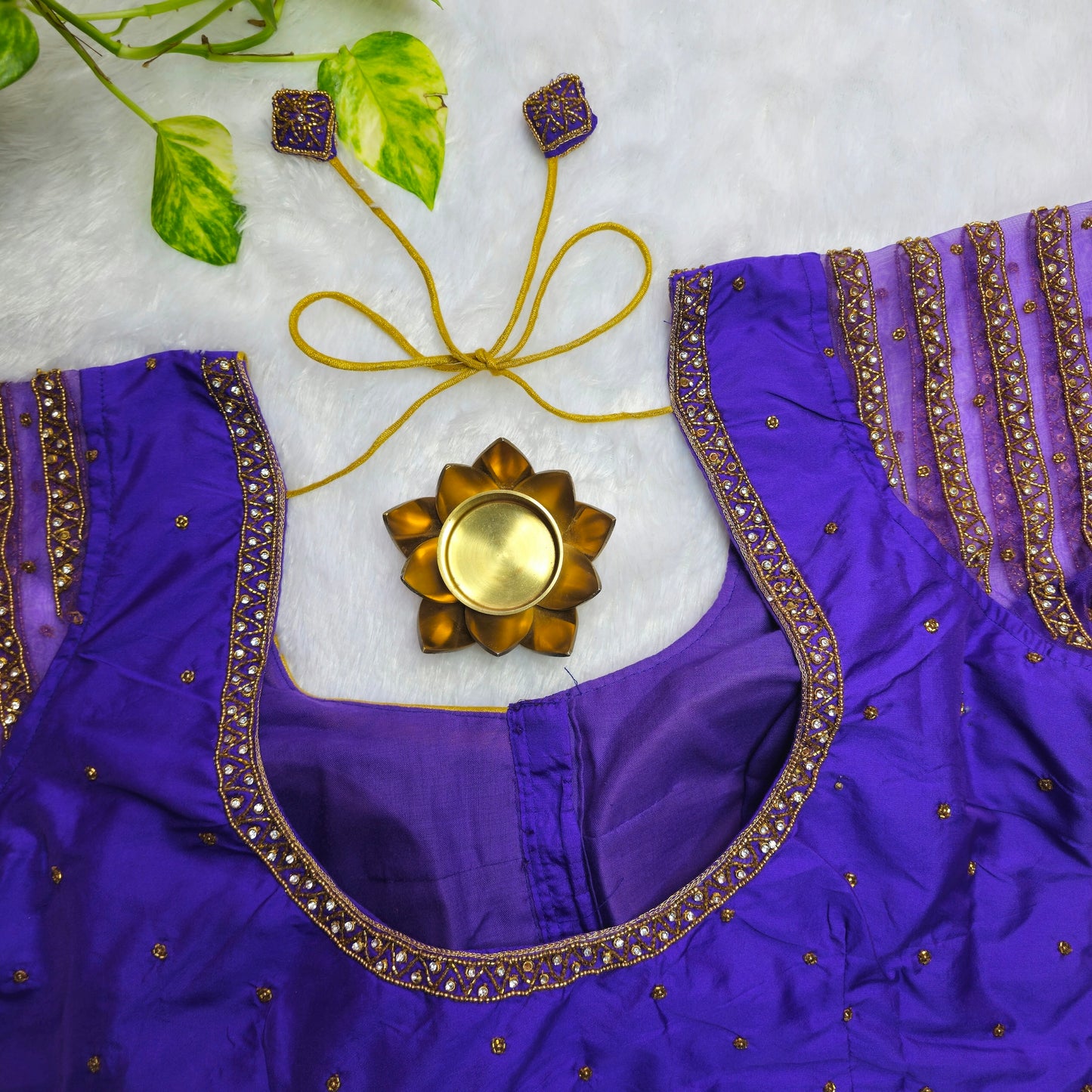 Purple Netted Sleeves Handwork Blouse