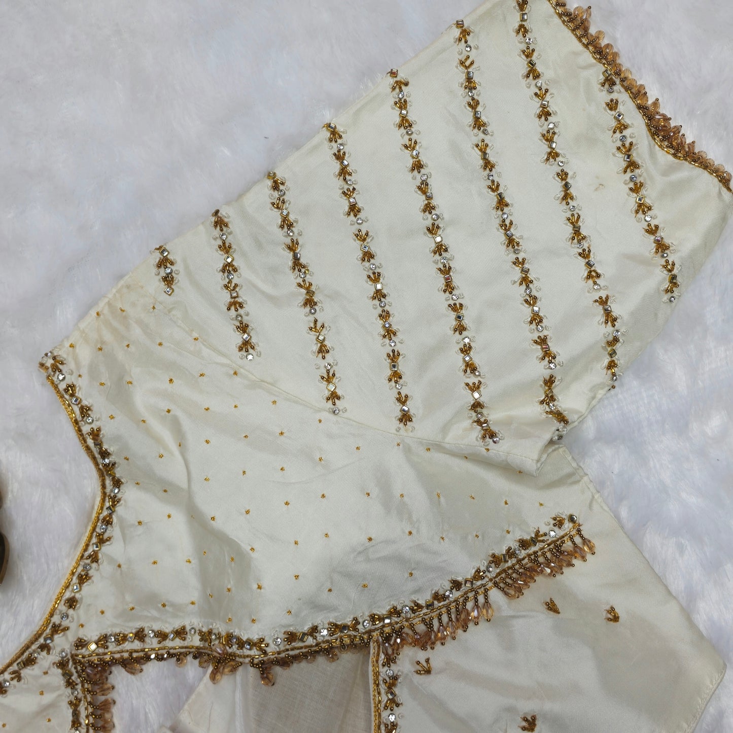 Off White Crystal Beads Handwork Blouse