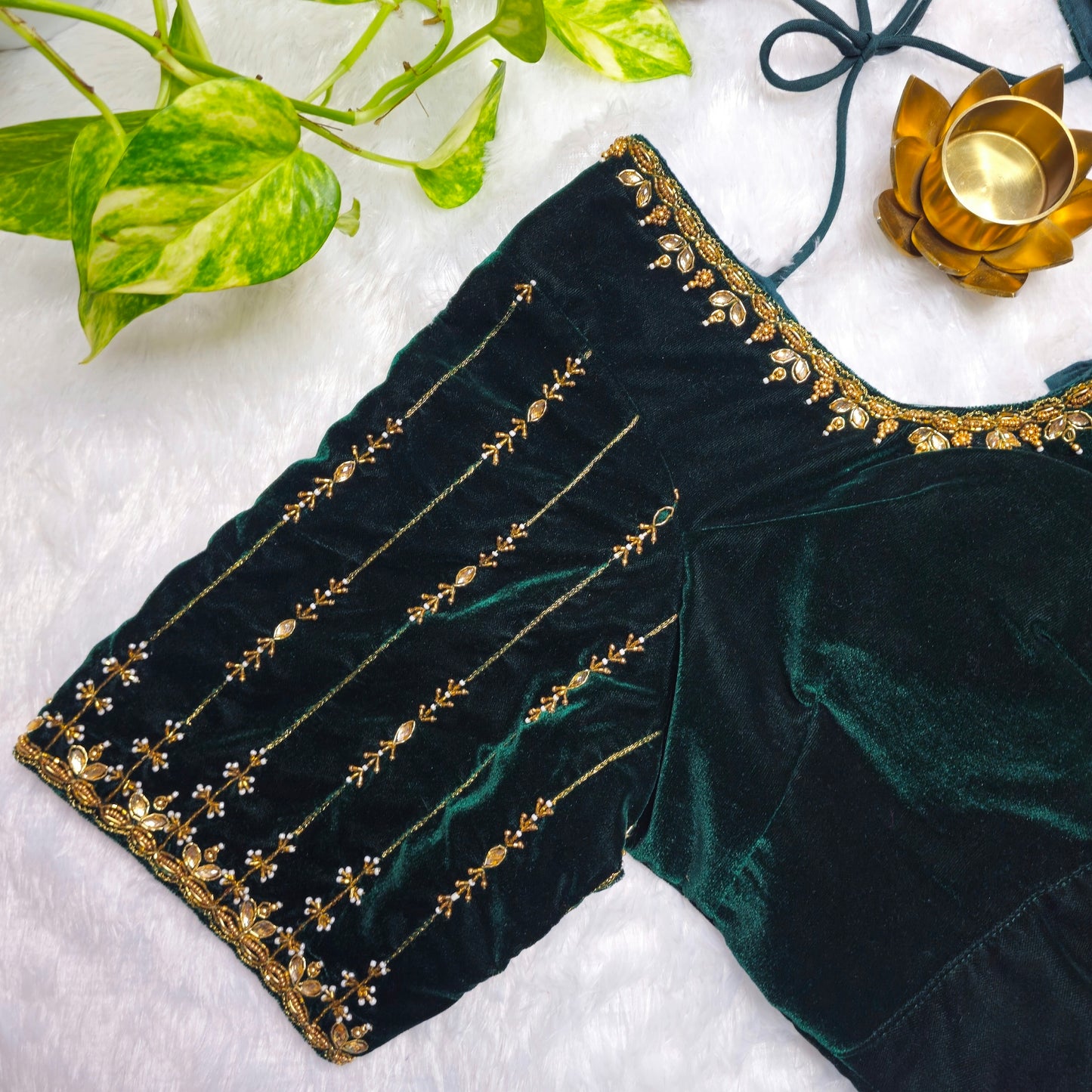 Bottle Green Velvet Handwork Blouse