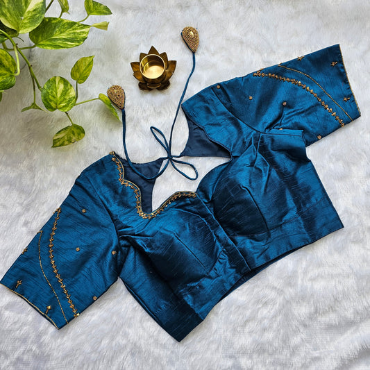 Teal Blue Raw Silk Handwork Blouse