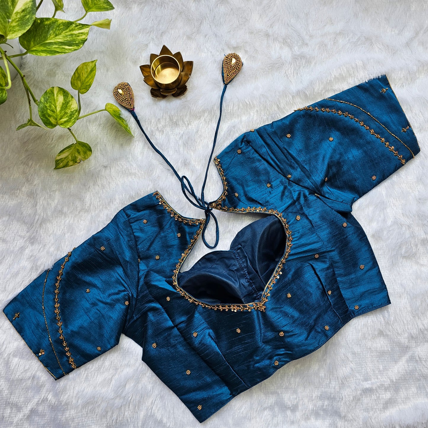 Teal Blue Raw Silk Handwork Blouse