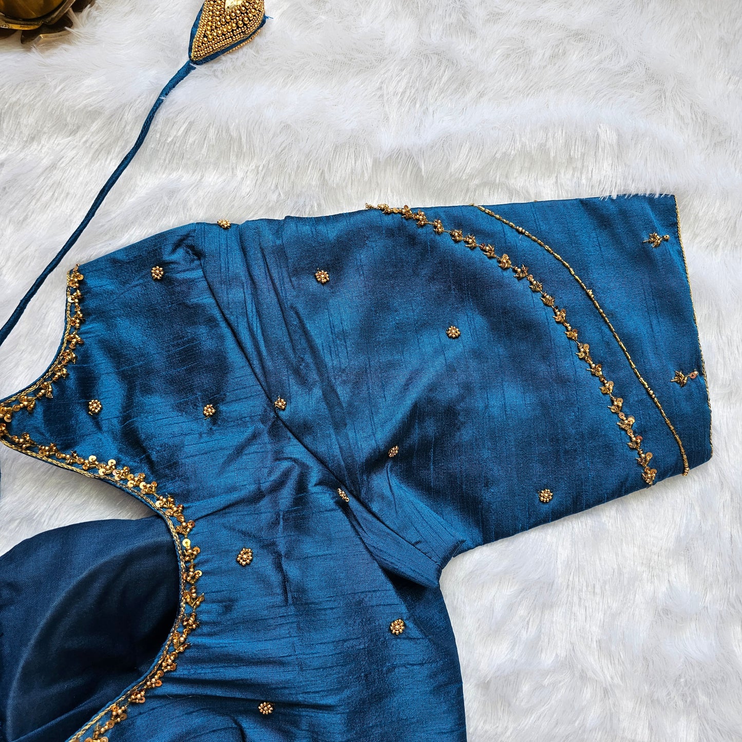 Teal Blue Raw Silk Handwork Blouse