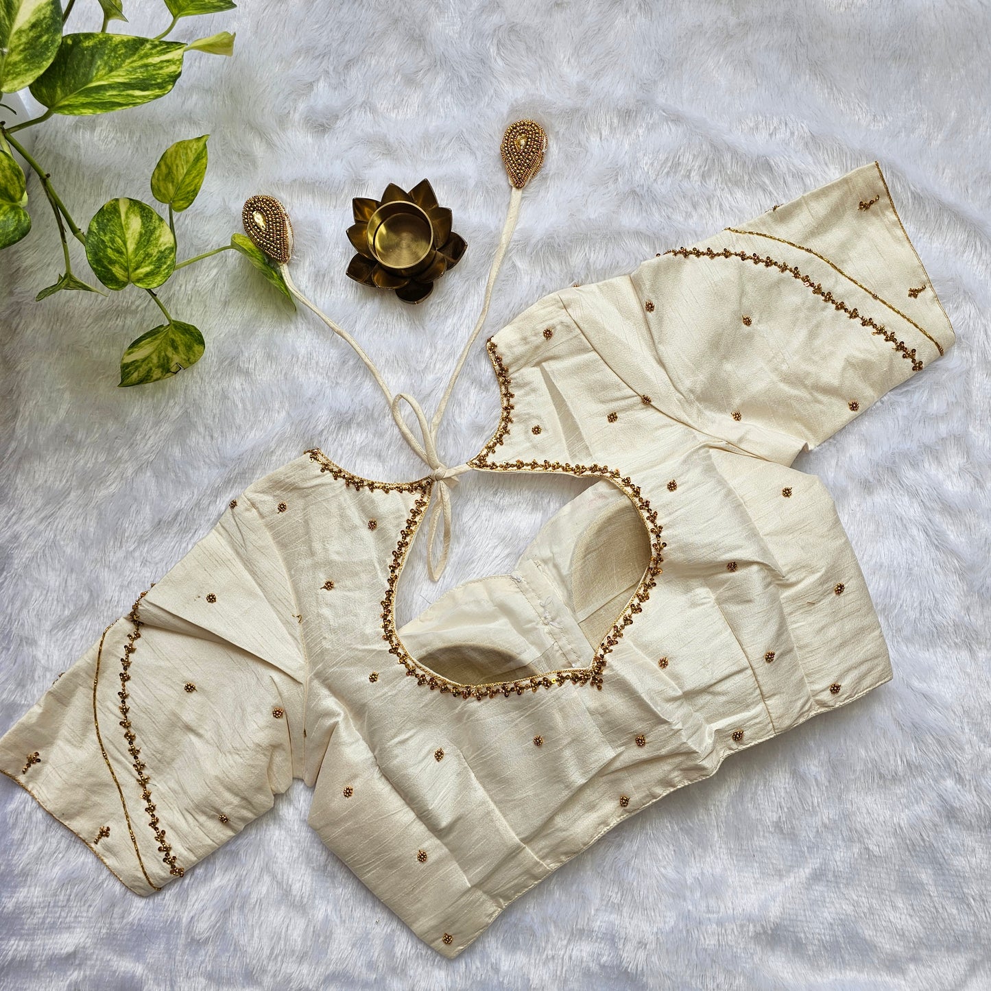 Off White Raw Silk Handwork Blouse
