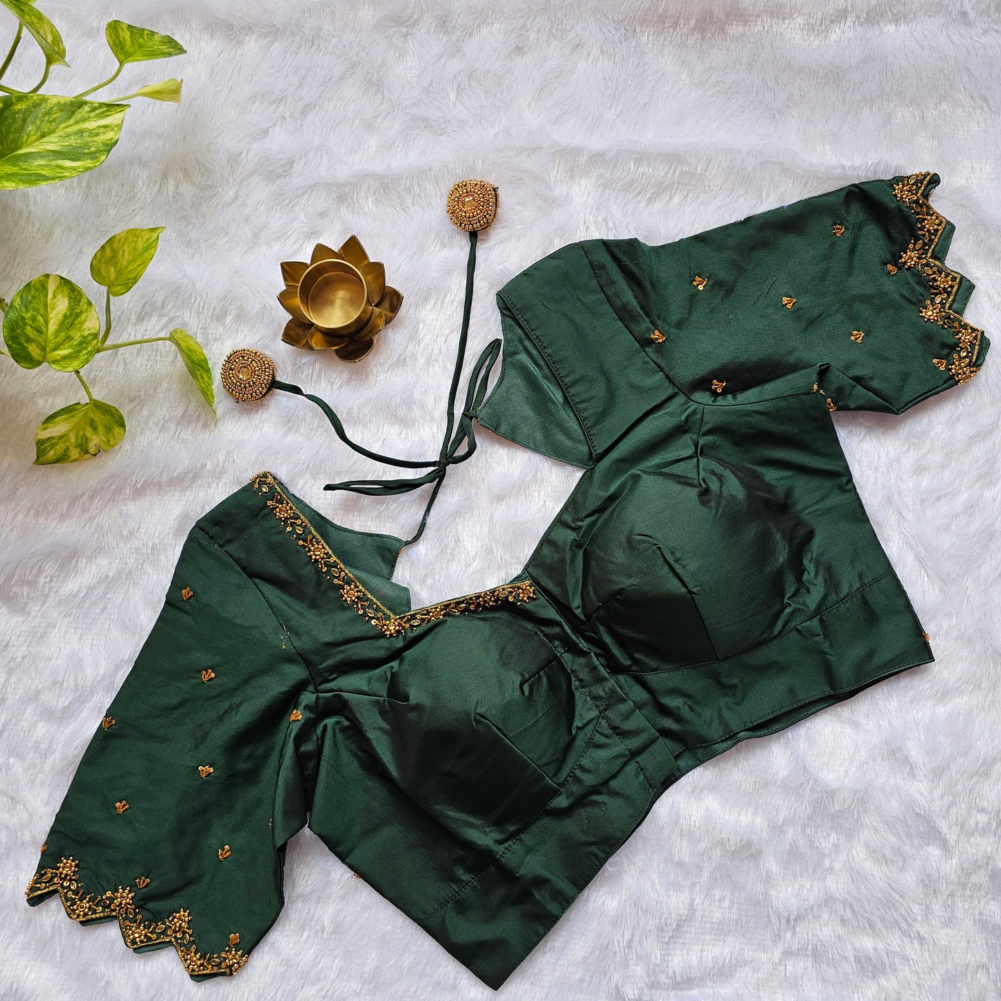 Bottle Green Butter Silk Handwork Blouse