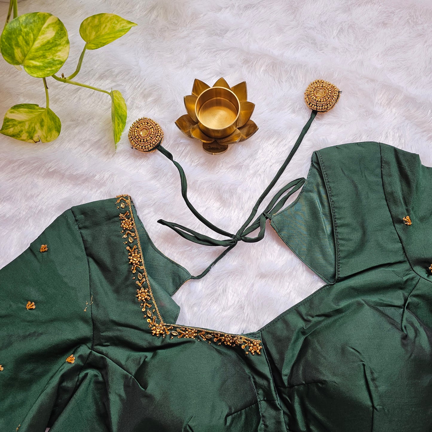 Bottle Green Butter Silk Handwork Blouse