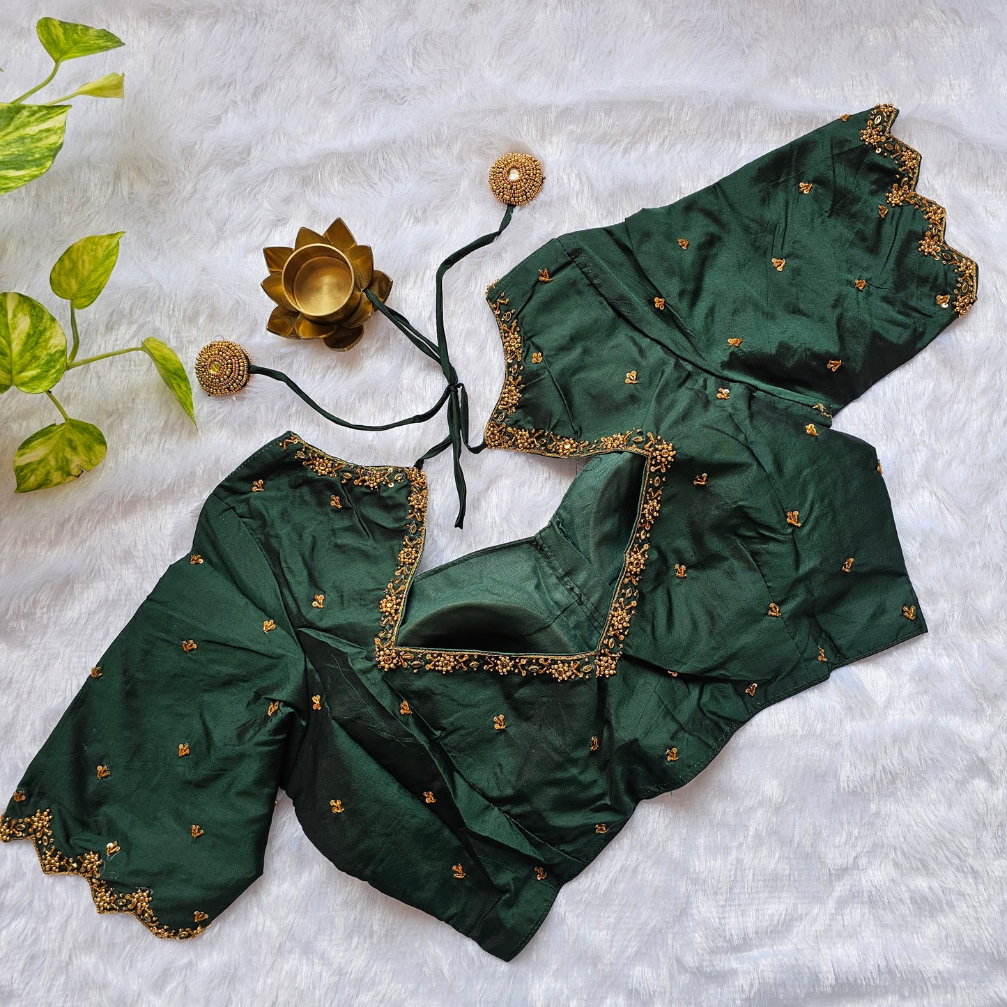Bottle Green Butter Silk Handwork Blouse