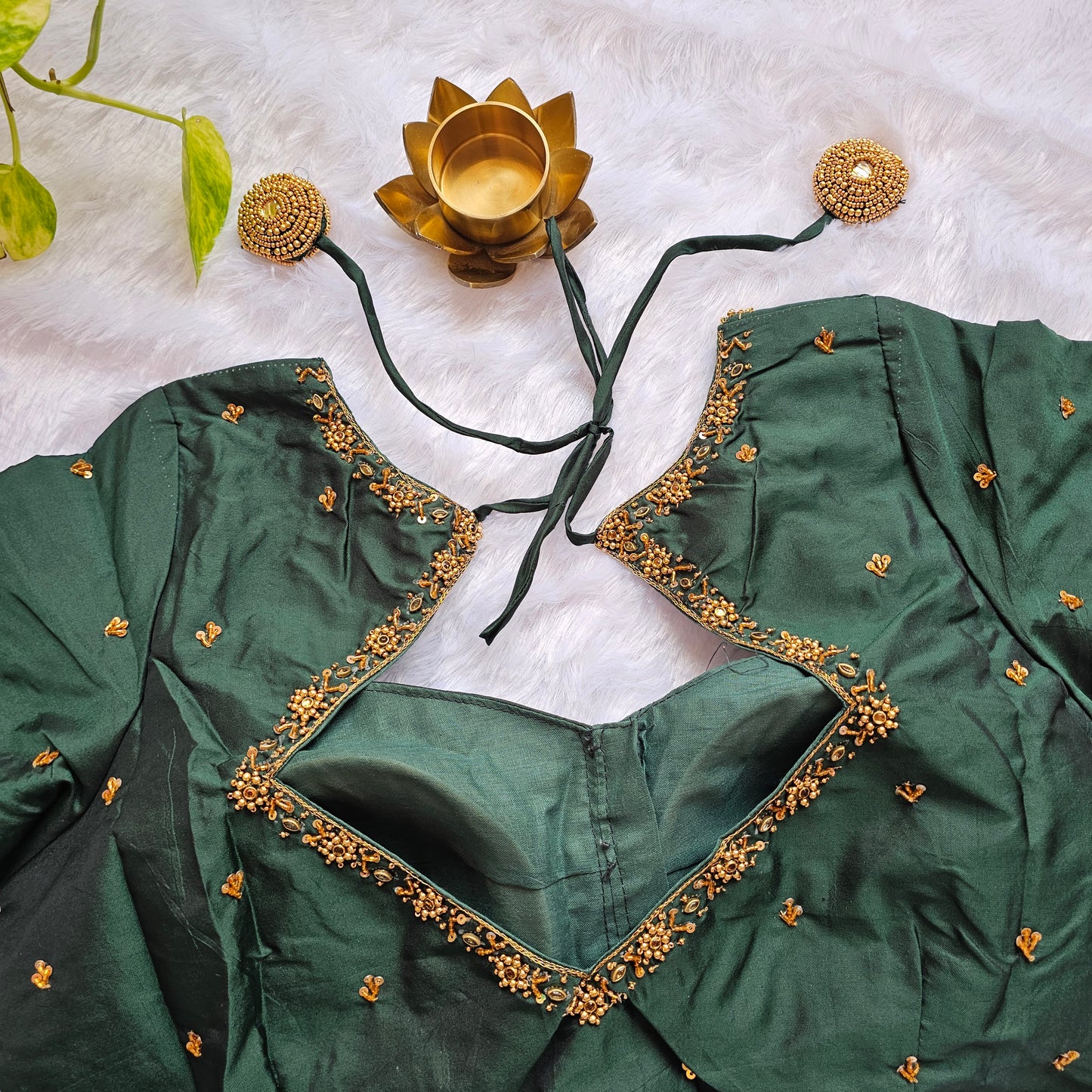 Bottle Green Butter Silk Handwork Blouse