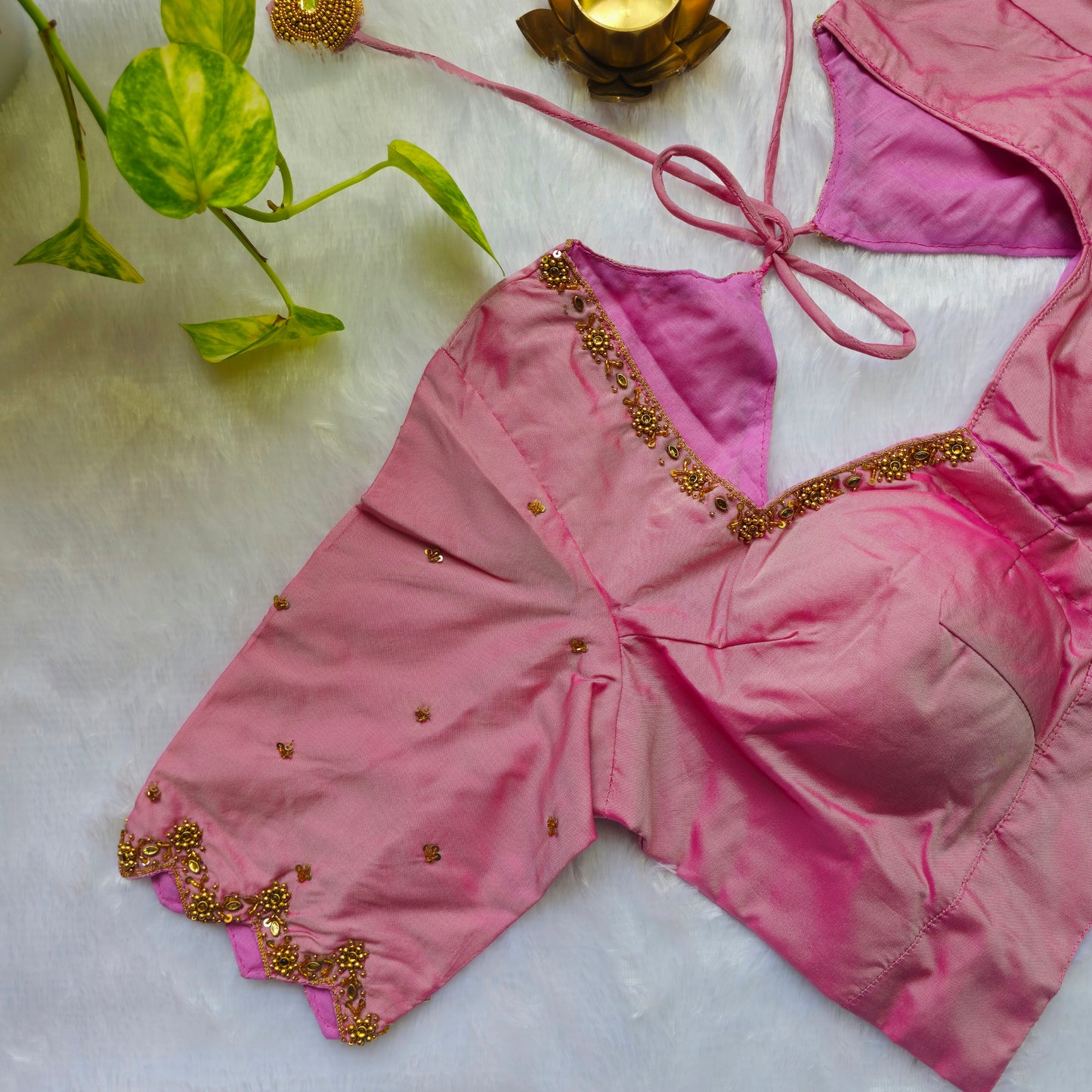 Baby Pink Butter Silk Handwork Blouse