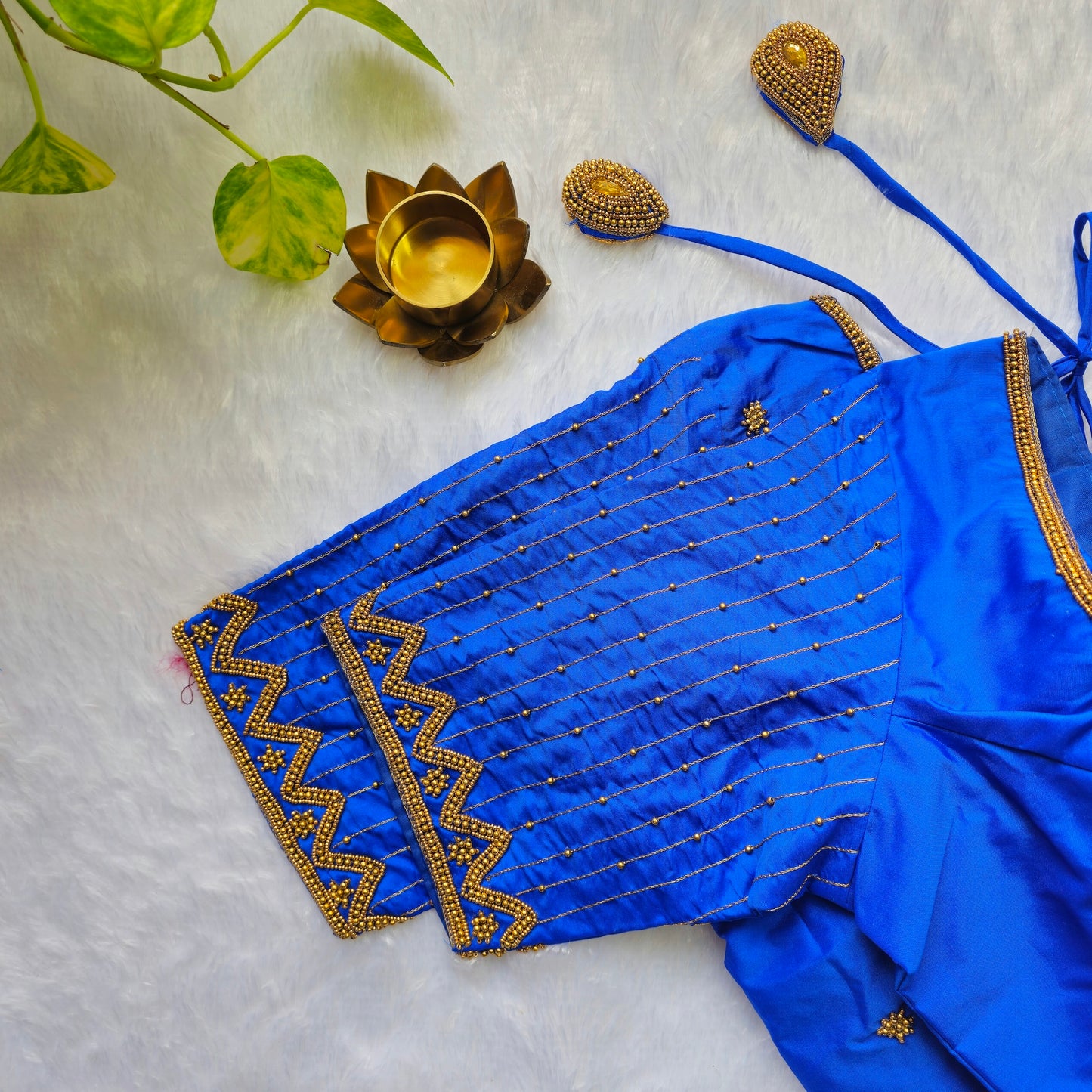 Ink Blue Butter Silk Handwork Blouse