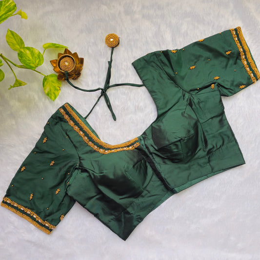 Emerald Green Butter Silk Handwork Blouse