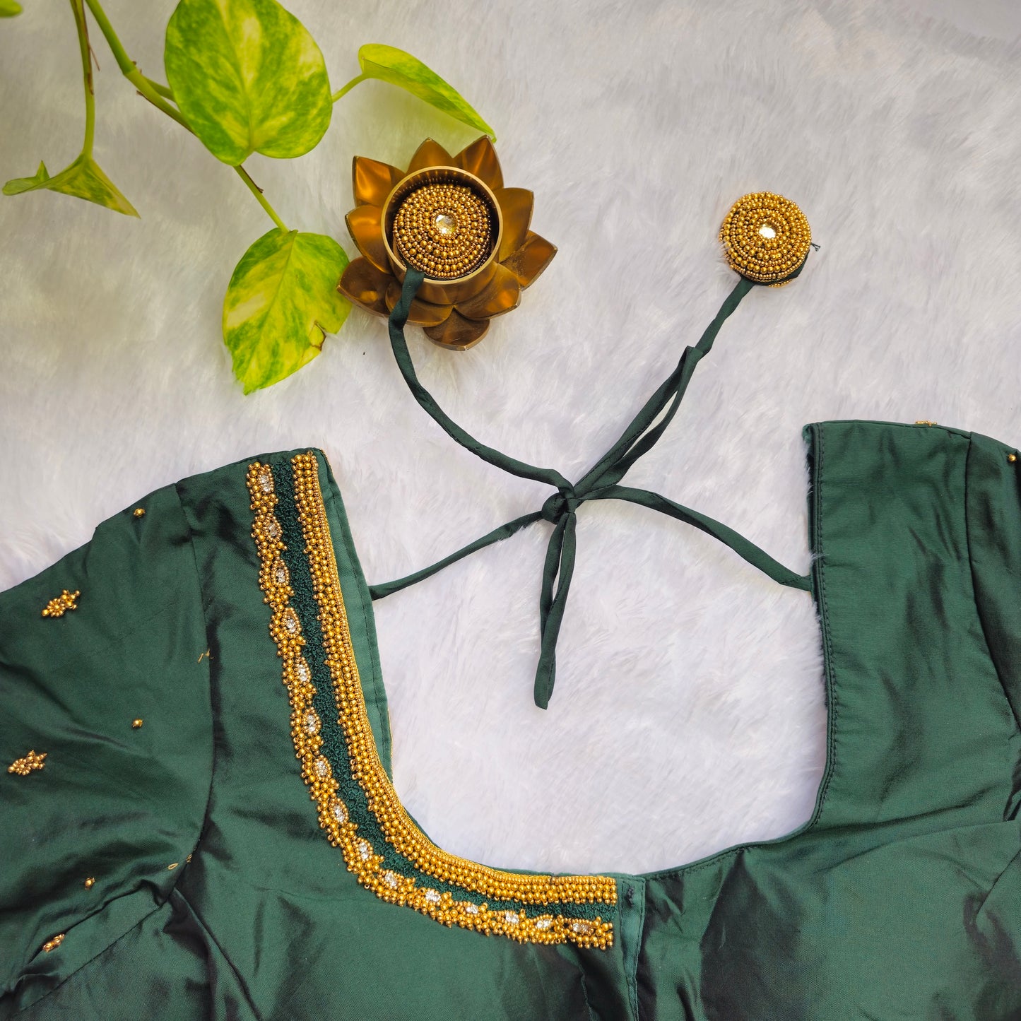 Emerald Green Butter Silk Handwork Blouse