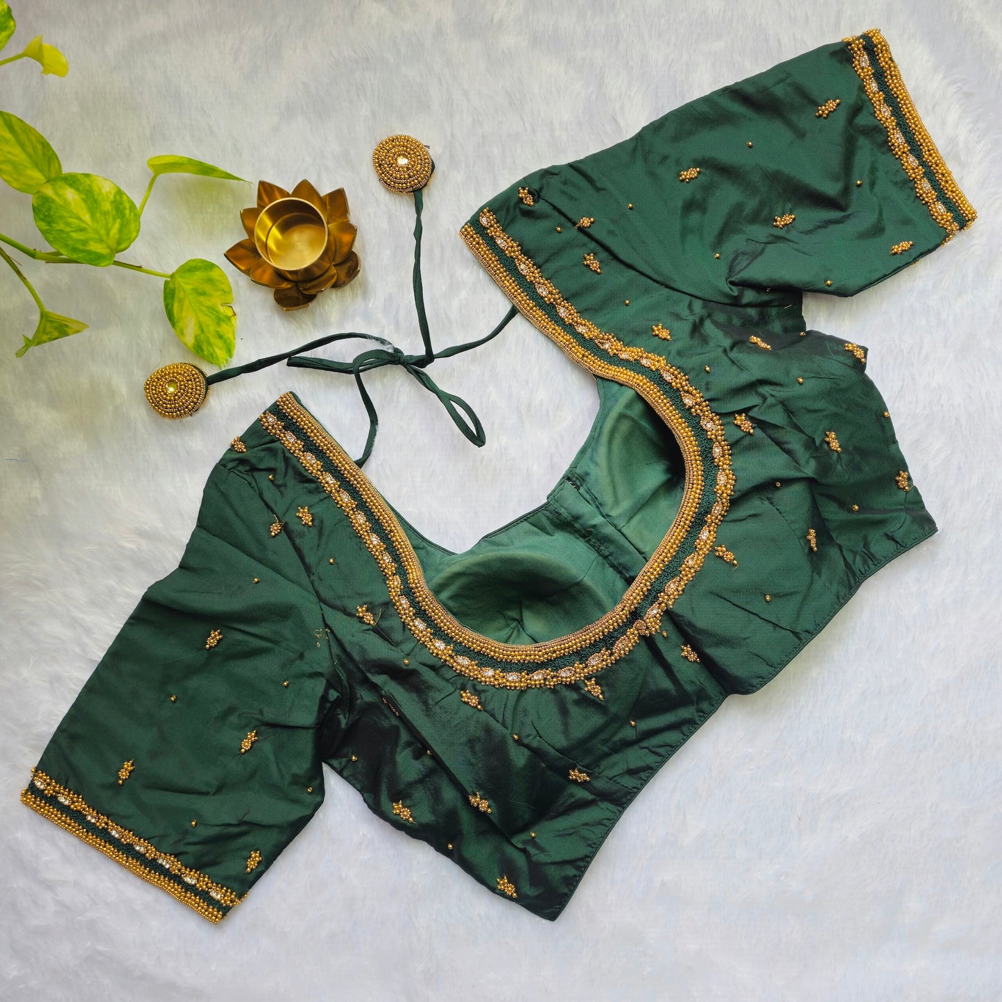 Emerald Green Butter Silk Handwork Blouse
