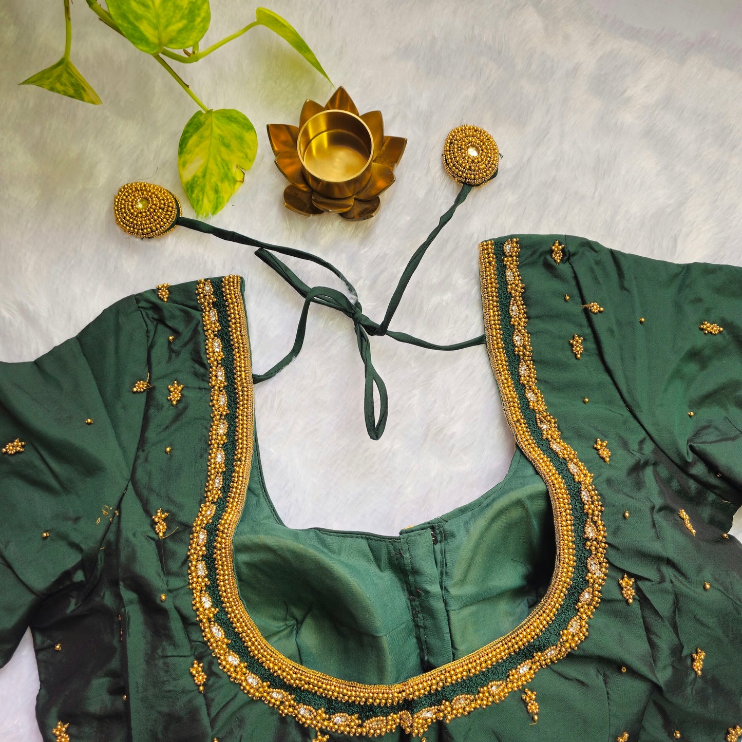 Emerald Green Butter Silk Handwork Blouse