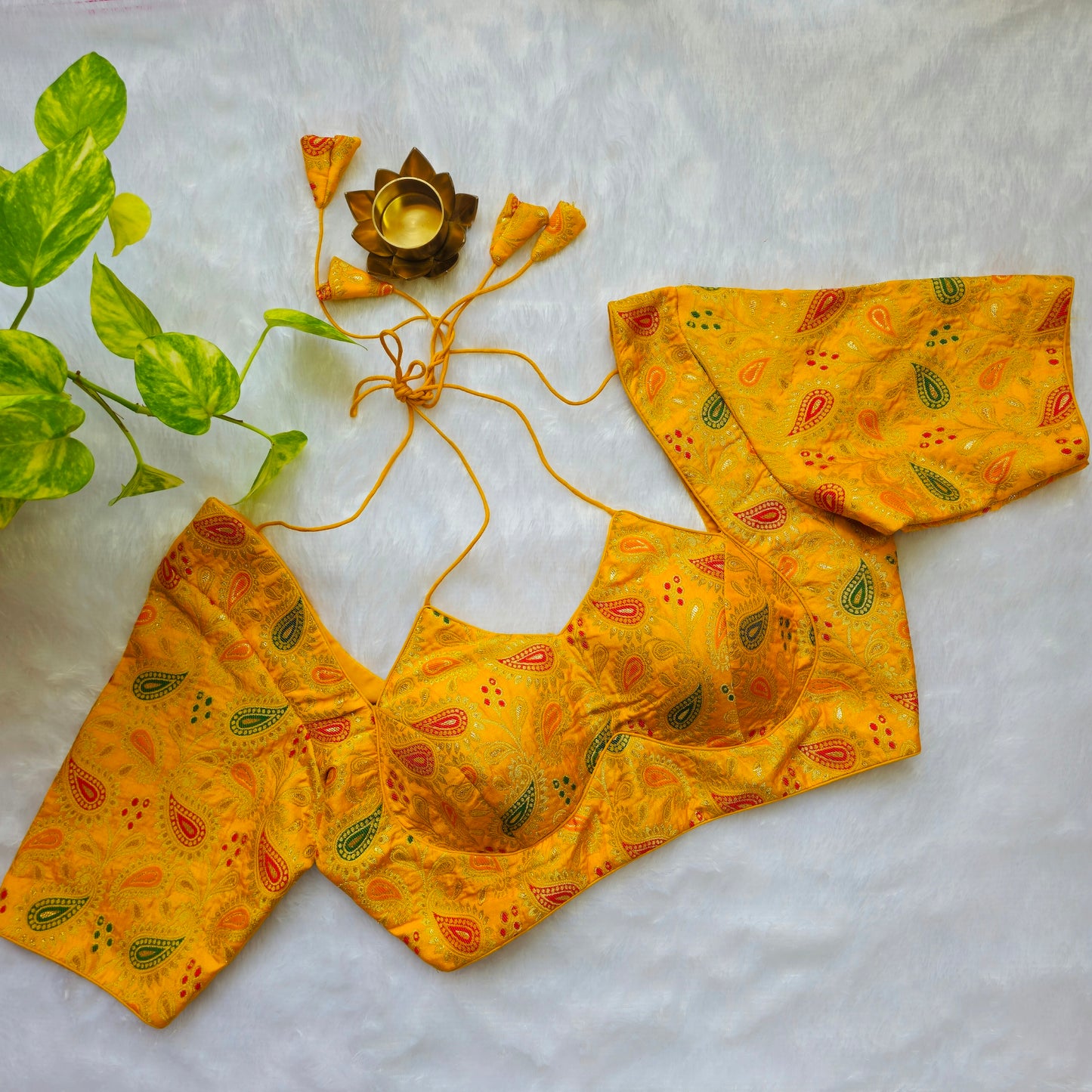 Yellow Jacquard Masaba Cut Blouse