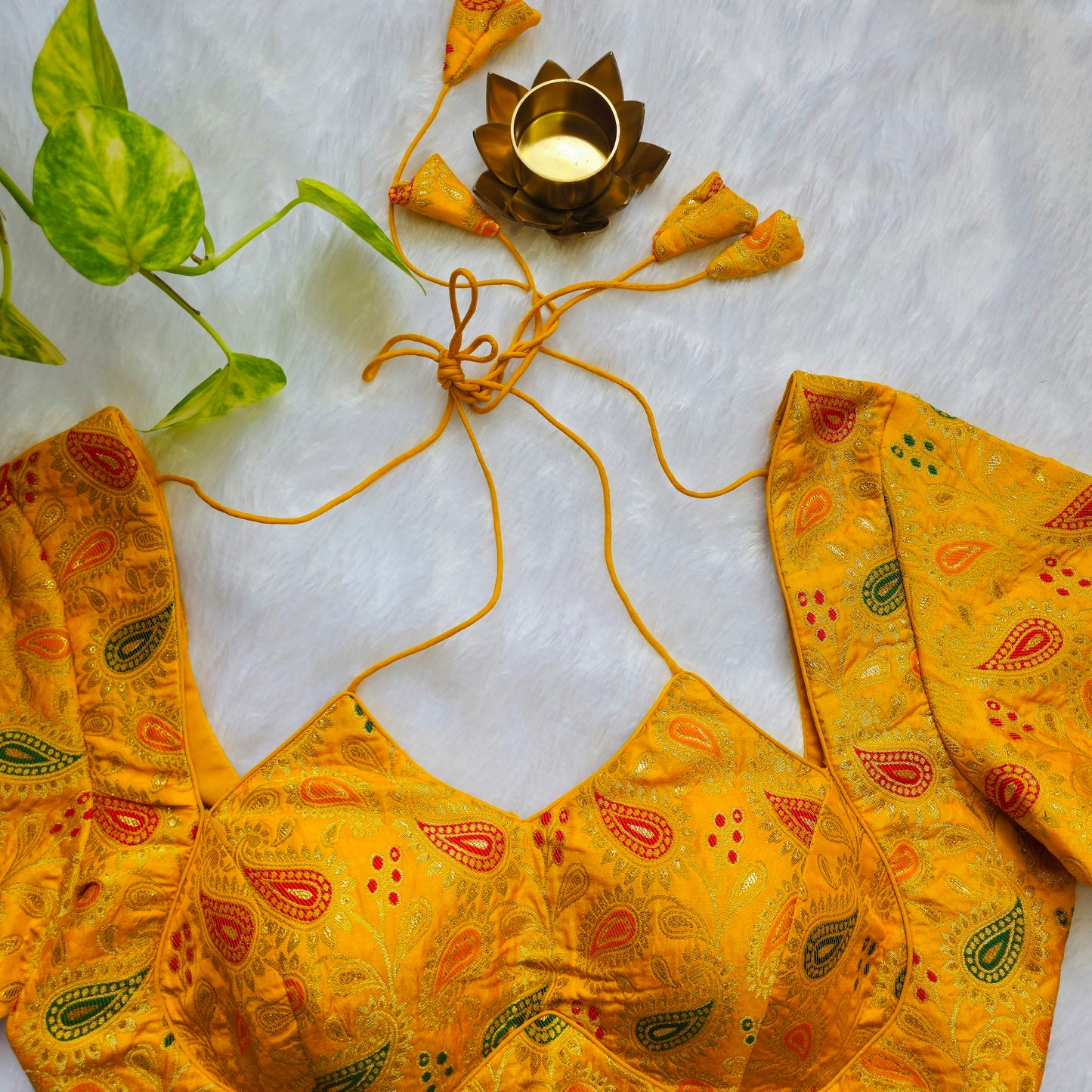 Yellow Jacquard Masaba Cut Blouse
