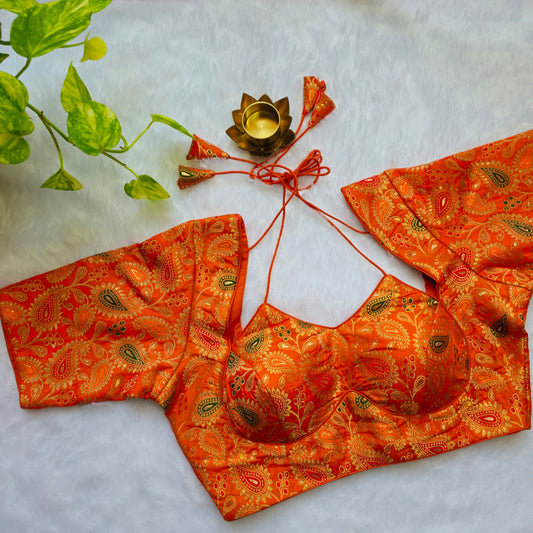 Orange Jacquard Masaba Cut Blouse