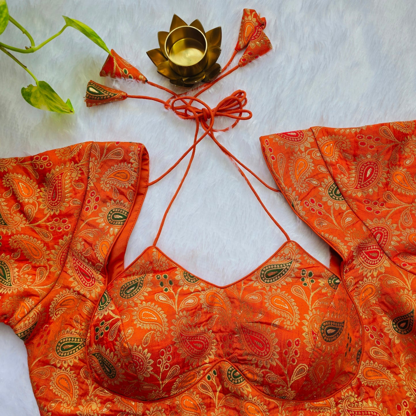 Orange Jacquard Masaba Cut Blouse