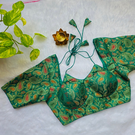 Parrot Green Jacquard Masaba Cut Blouse