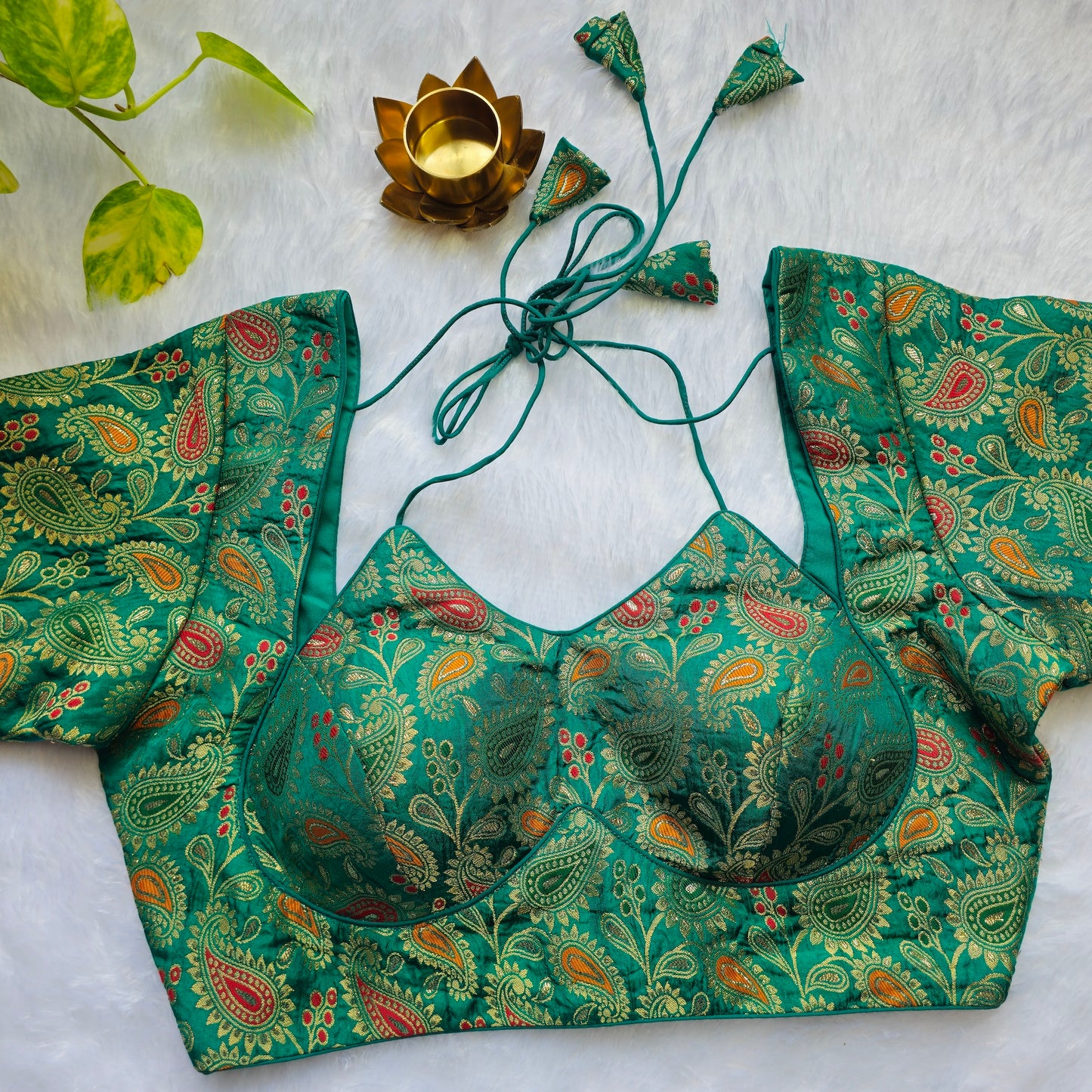 Parrot Green Jacquard Masaba Cut Blouse