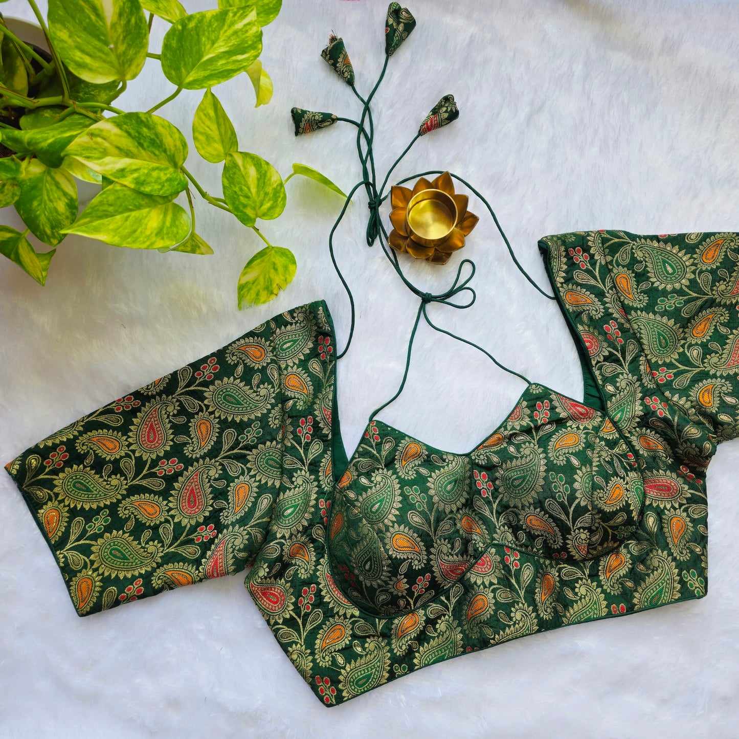 Bottle Green Jacquard Masaba Cut Blouse