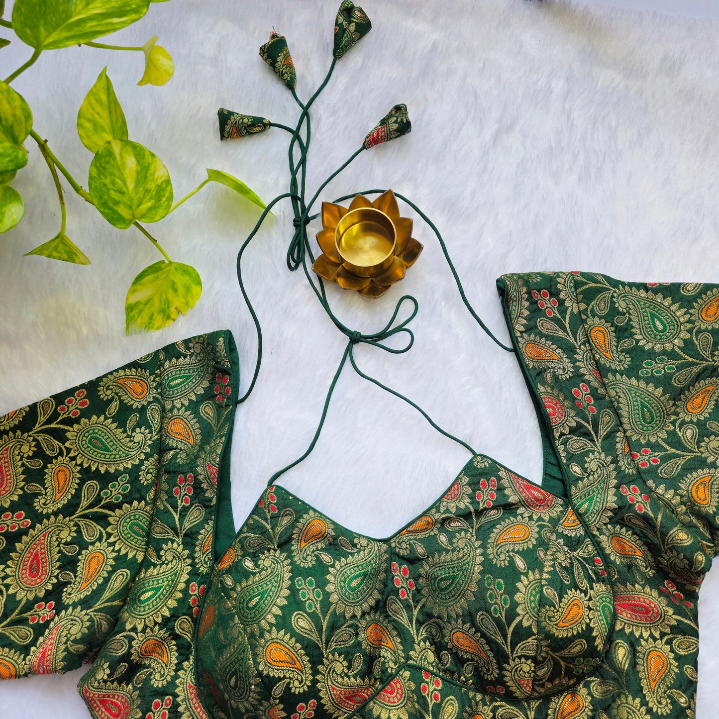 Bottle Green Jacquard Masaba Cut Blouse