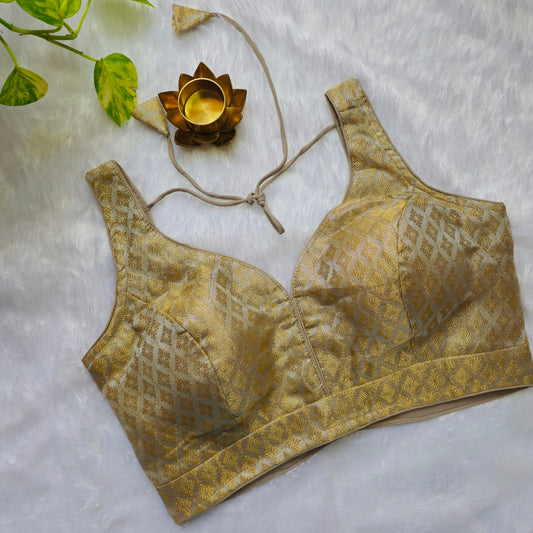 Greyish Gold Tissue Sleeveless Blouse(Attachable Sleeves)