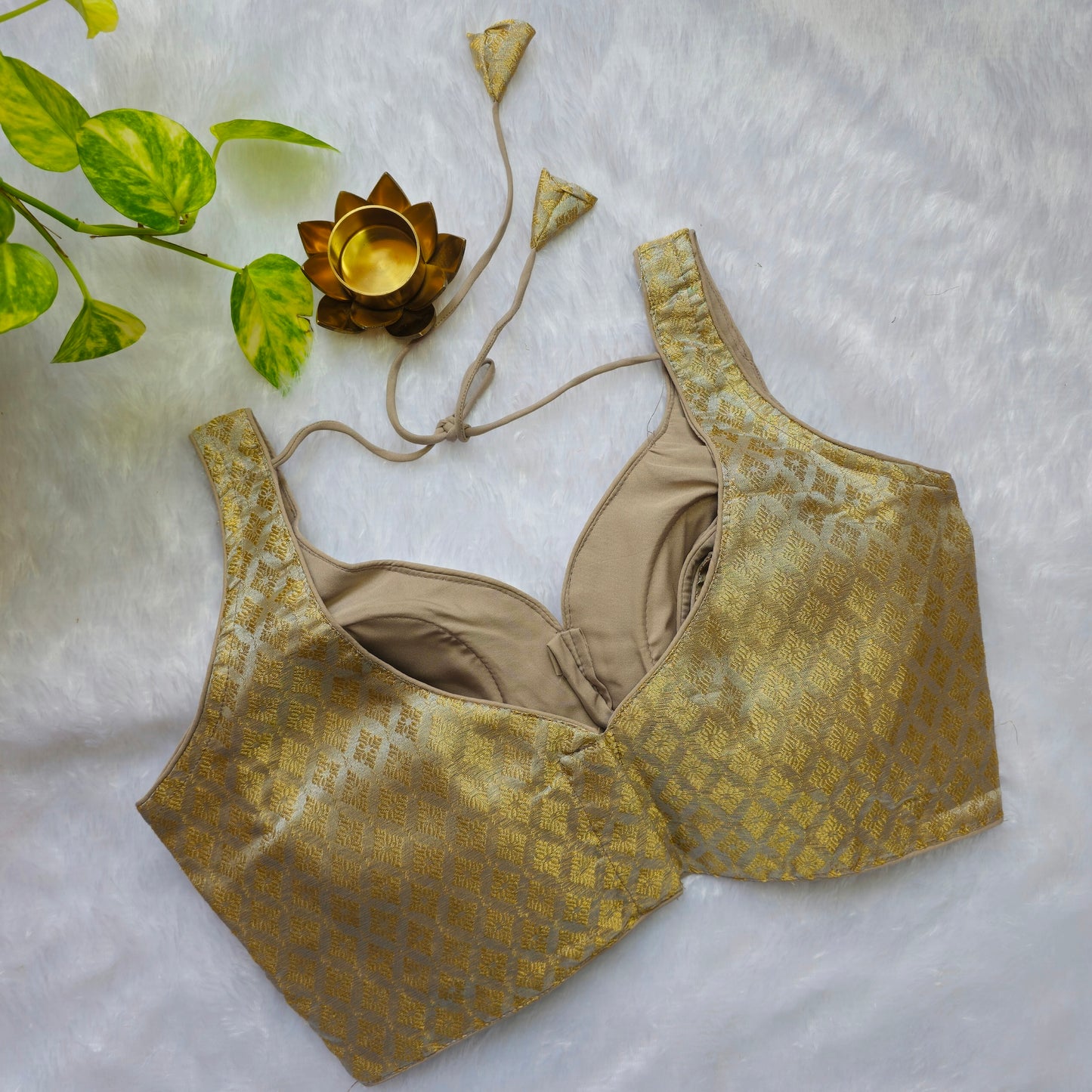 Greyish Gold Tissue Sleeveless Blouse(Attachable Sleeves)