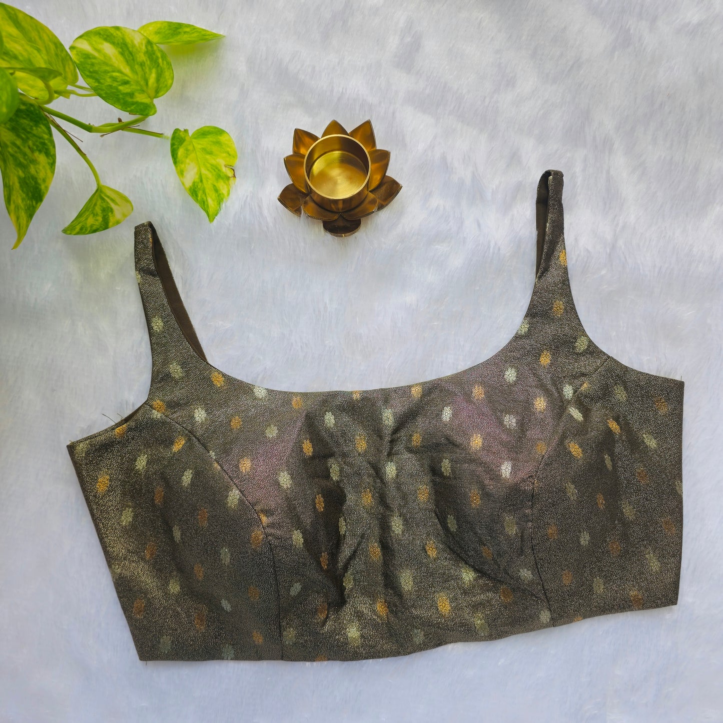 Khaki Green Brocade Bollywood style Sleeveless Butta Blouse
