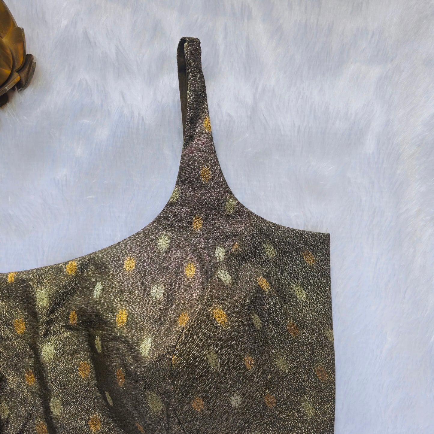 Khaki Green Brocade Bollywood style Sleeveless Butta Blouse