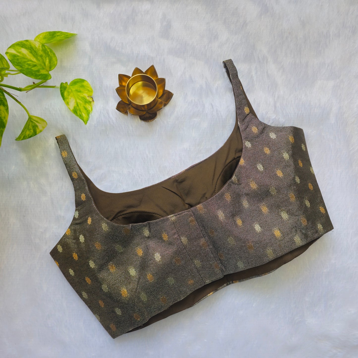Khaki Green Brocade Bollywood style Sleeveless Butta Blouse