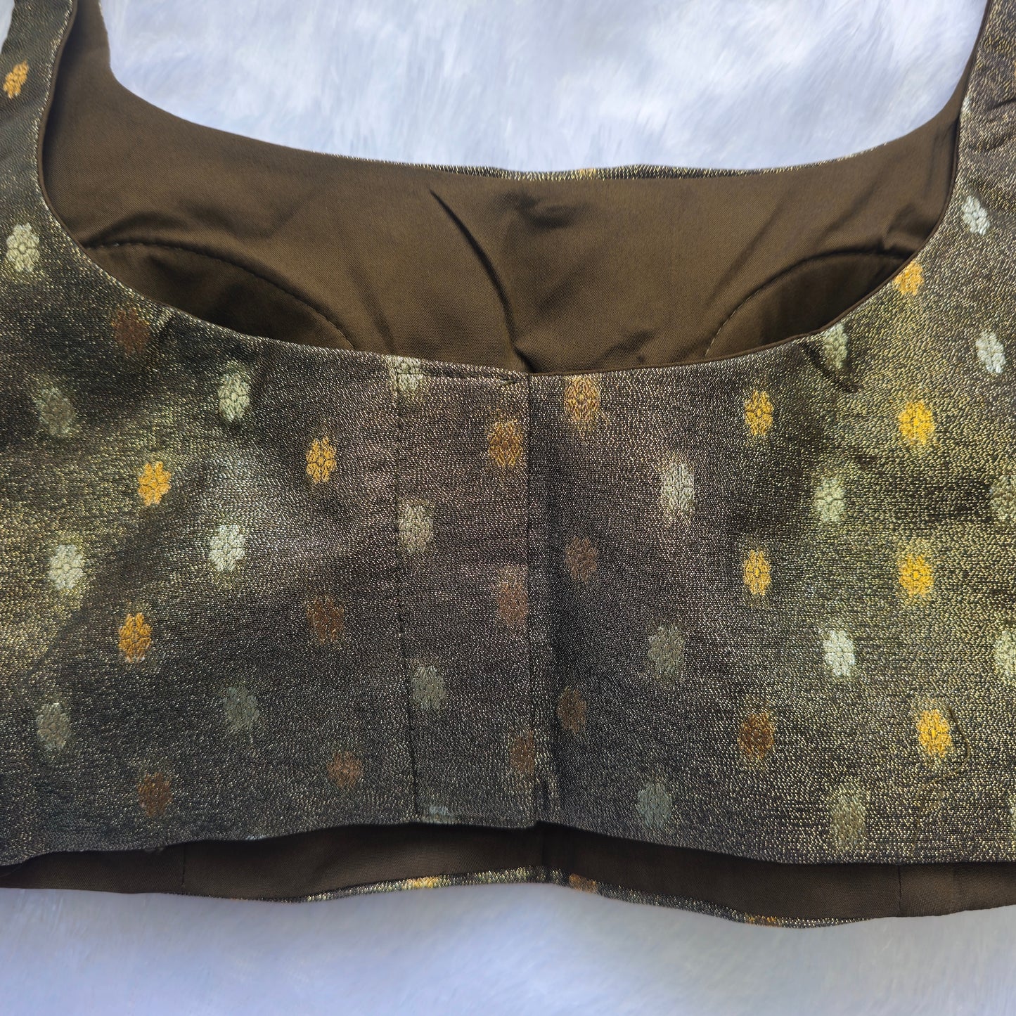 Khaki Green Brocade Bollywood style Sleeveless Butta Blouse