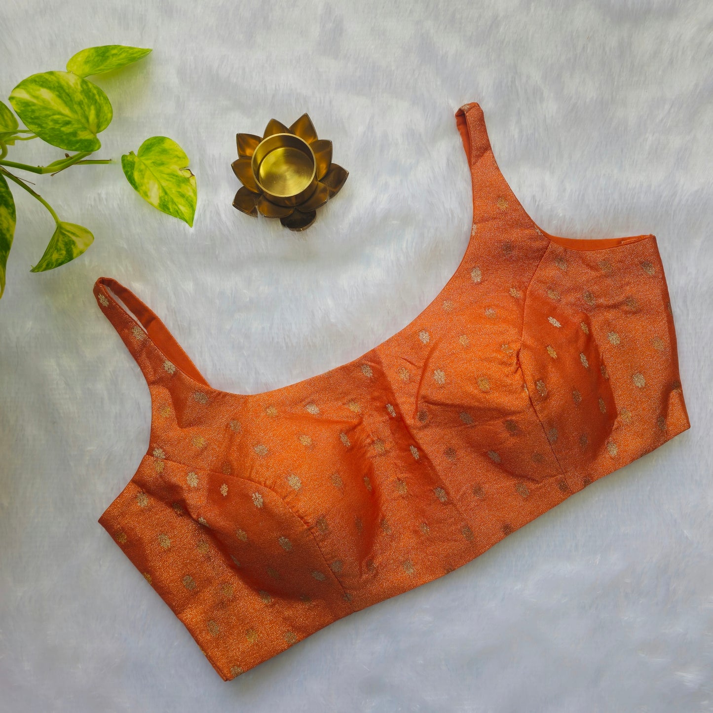 Orange Brocade Bollywood Style Sleeveless Butta Blouse