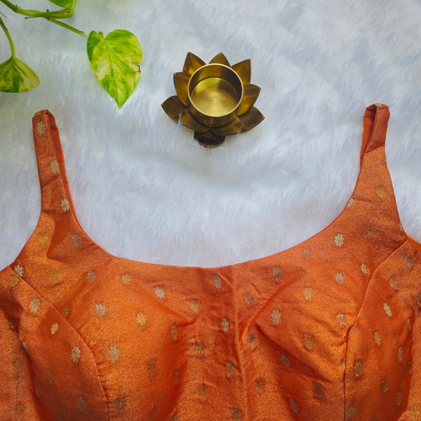 Orange Brocade Bollywood Style Sleeveless Butta Blouse