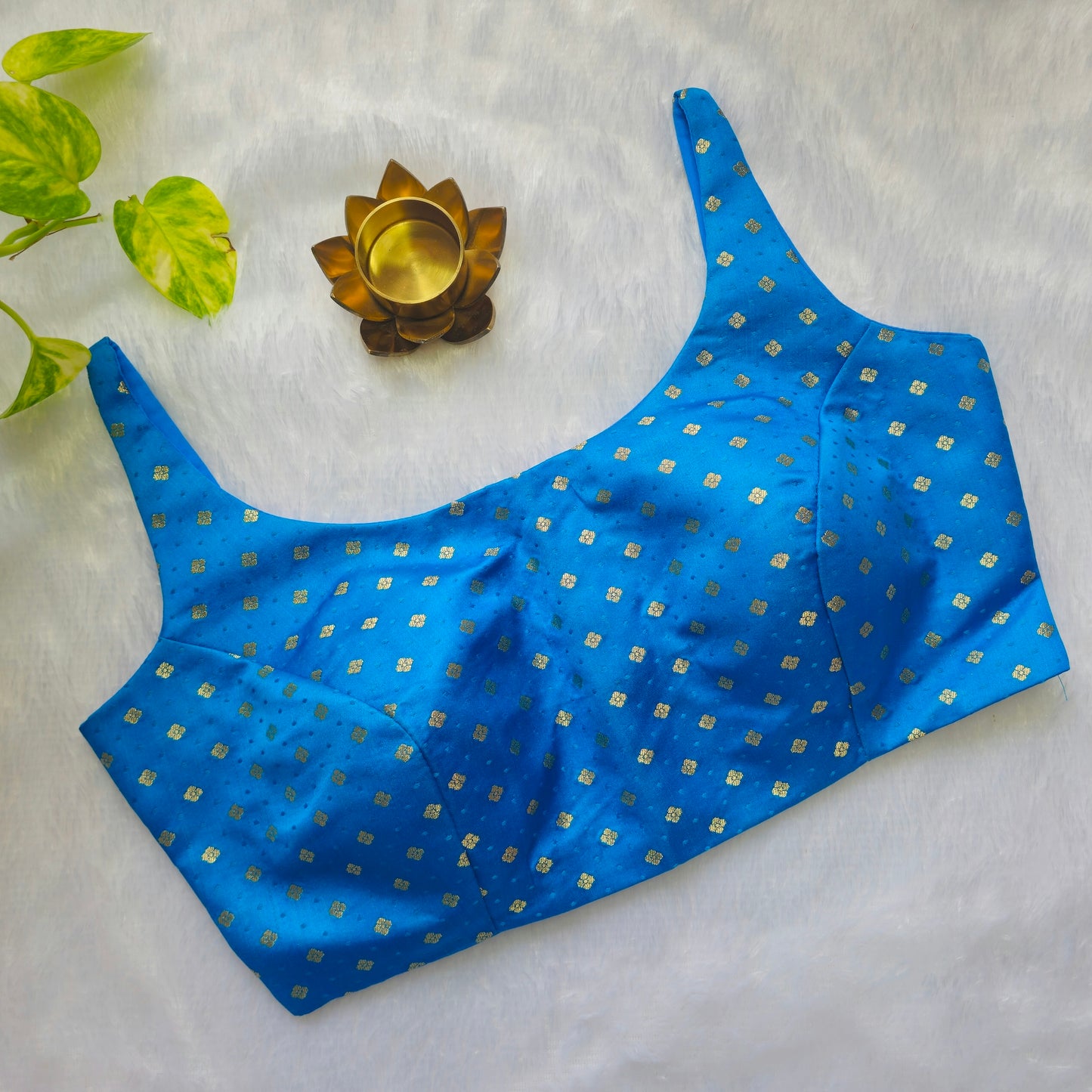 Blue Banarasi Bollywood Style Sleeveless Butta Blouse