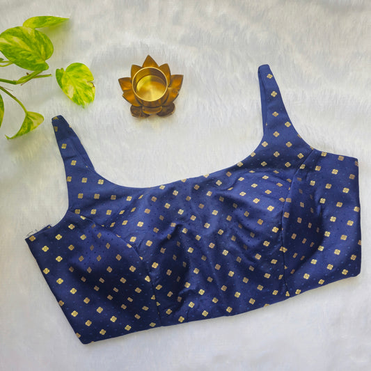 Navy Blue Banarasi Bollywood Style Sleeveless Butta Blouse