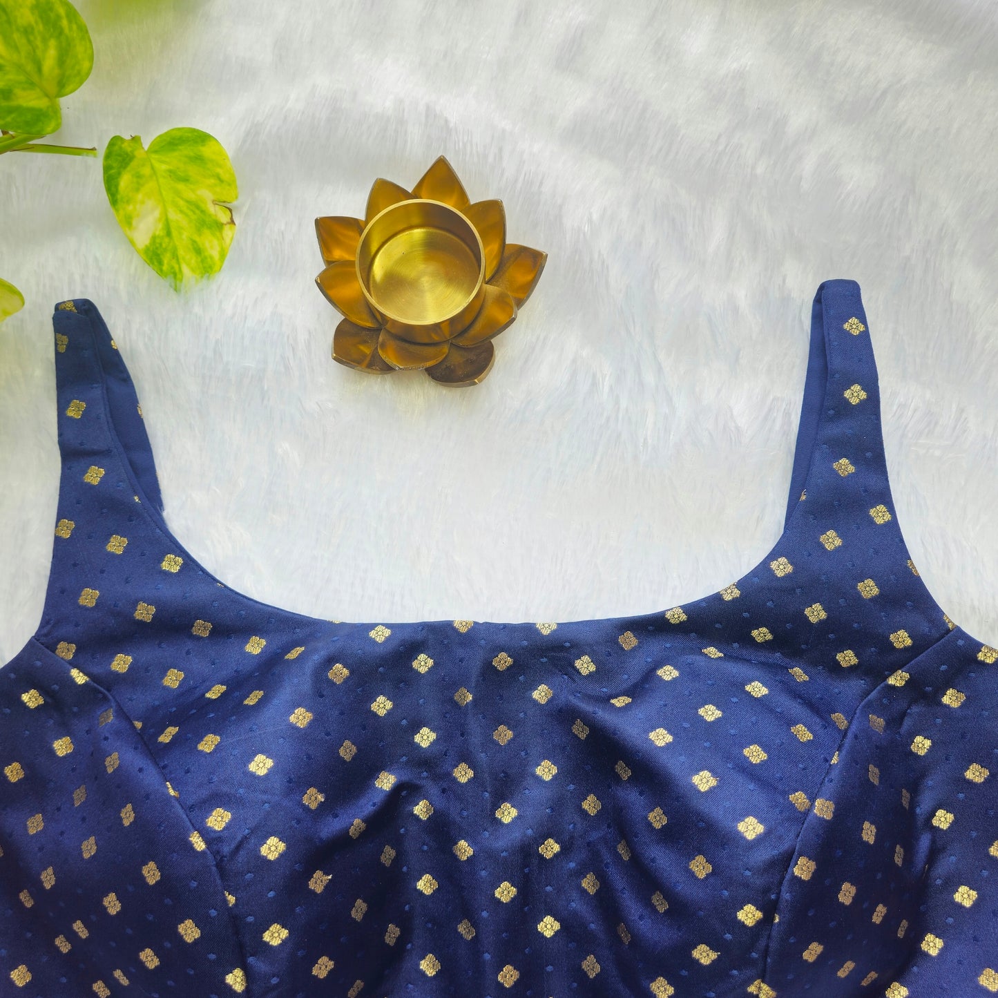 Navy Blue Banarasi Bollywood Style Sleeveless Butta Blouse
