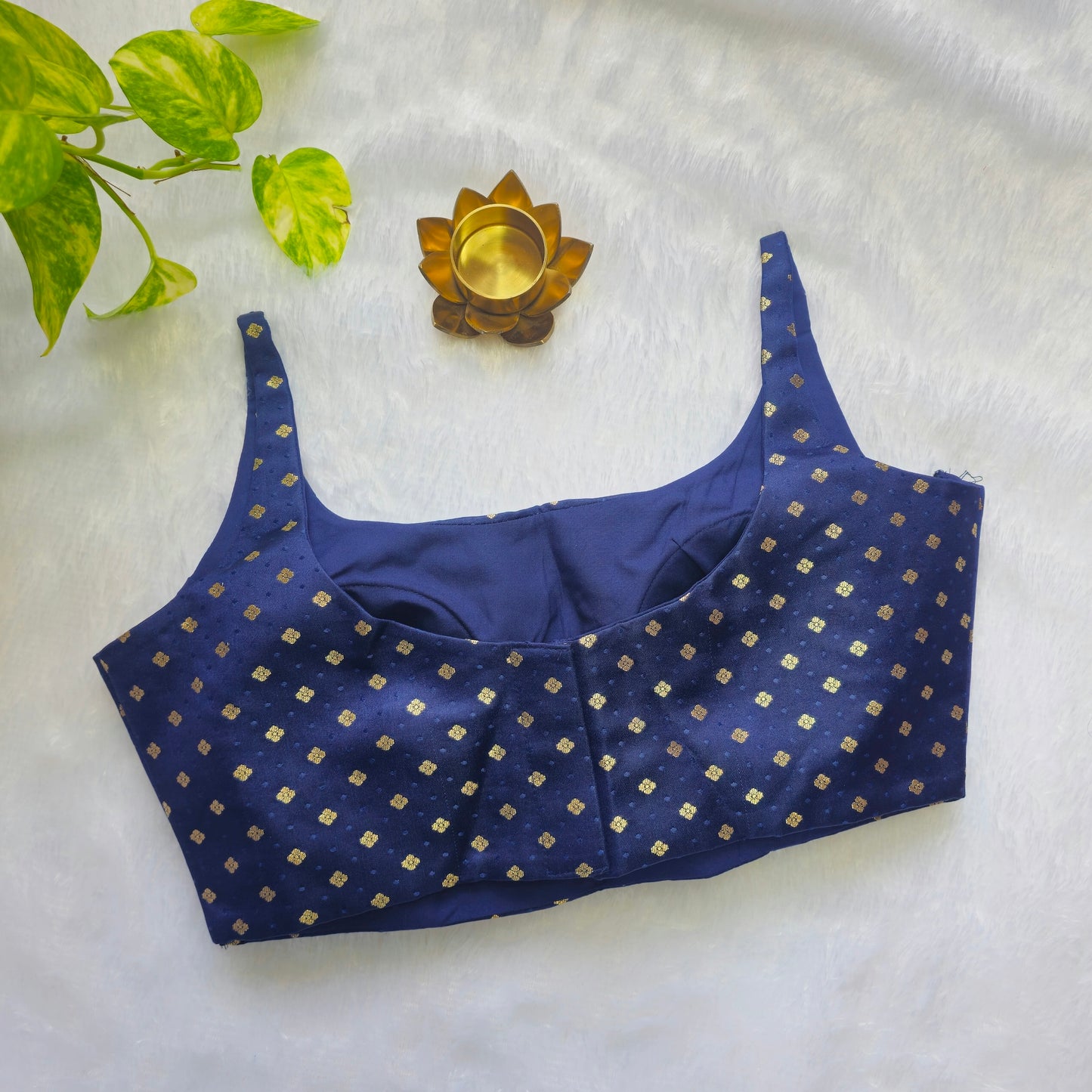 Navy Blue Banarasi Bollywood Style Sleeveless Butta Blouse