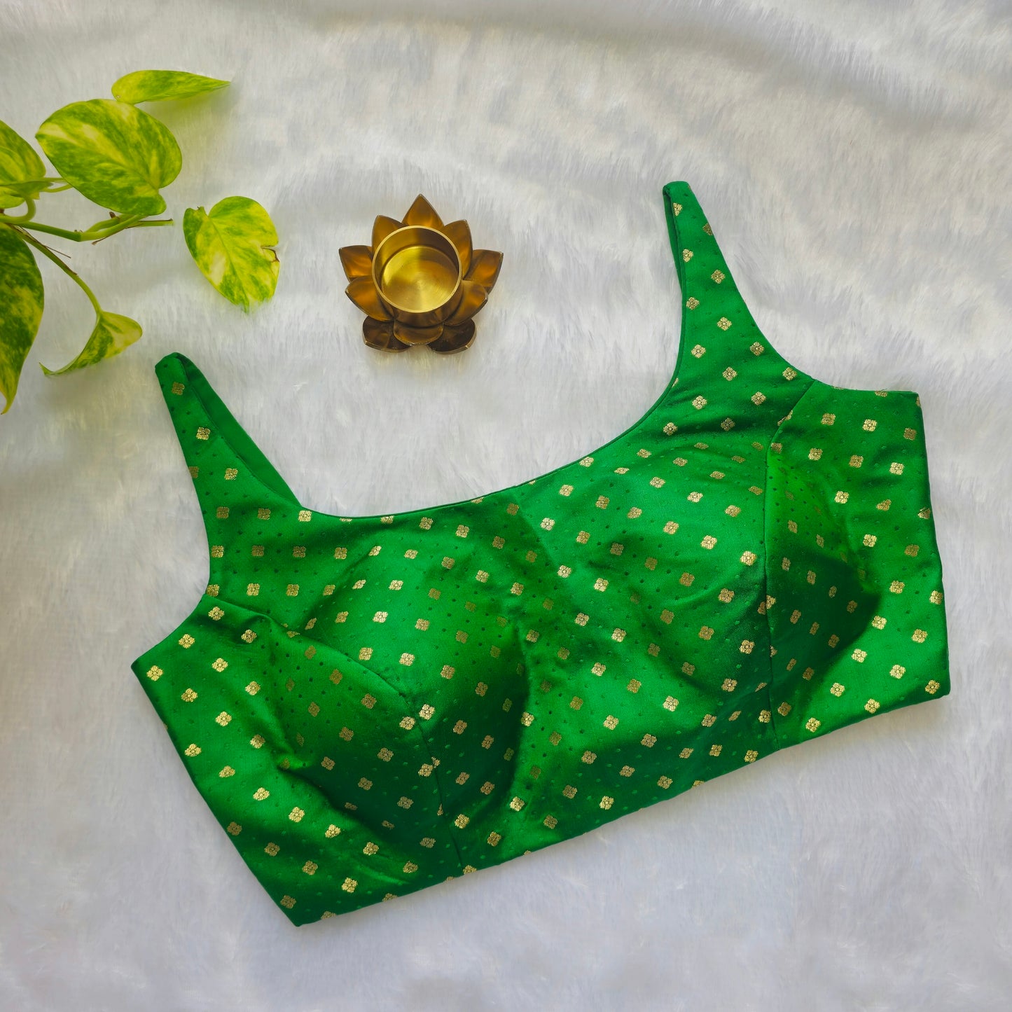 Green Banarasi Bollywood Style Sleeveless Butta Blouse