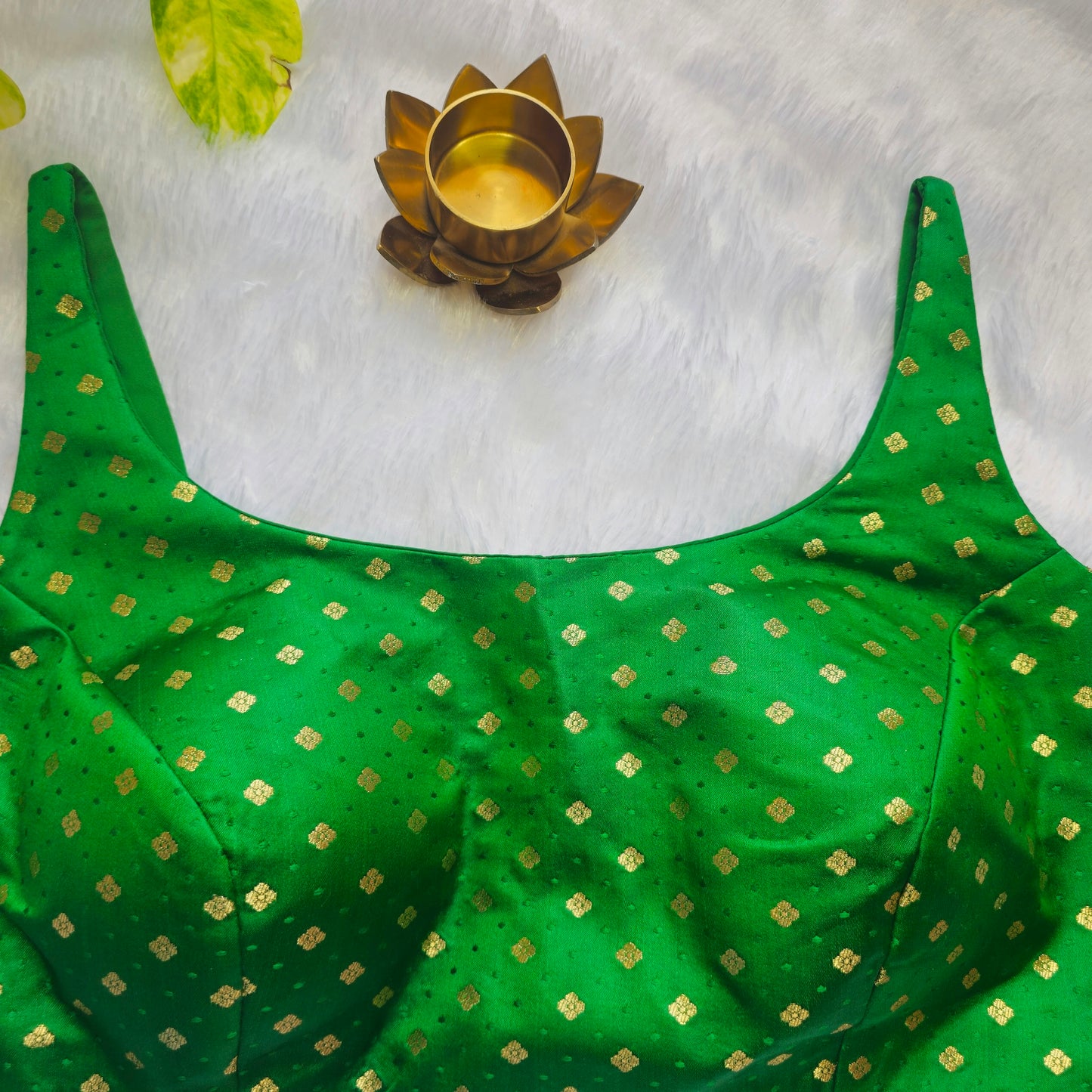 Green Banarasi Bollywood Style Sleeveless Butta Blouse