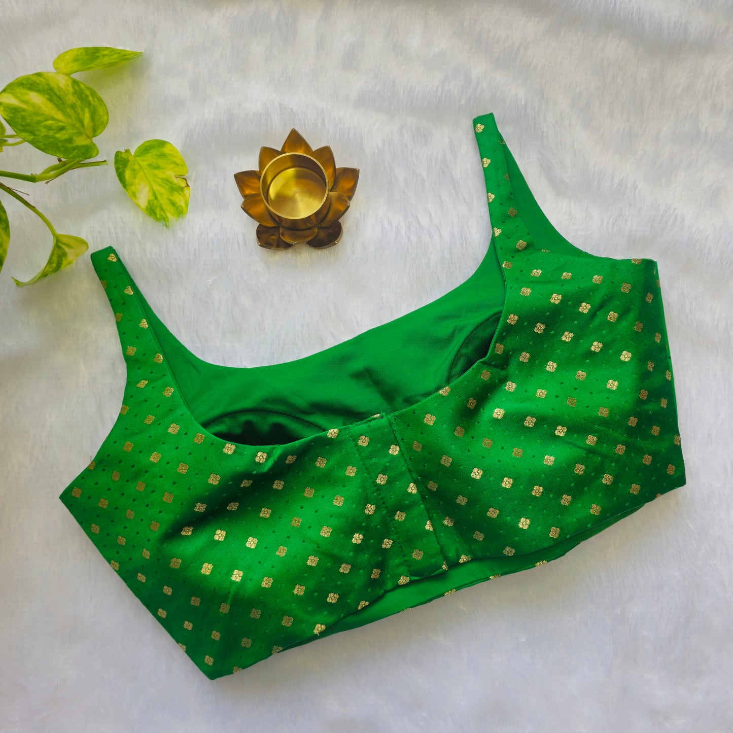Green Banarasi Bollywood Style Sleeveless Butta Blouse